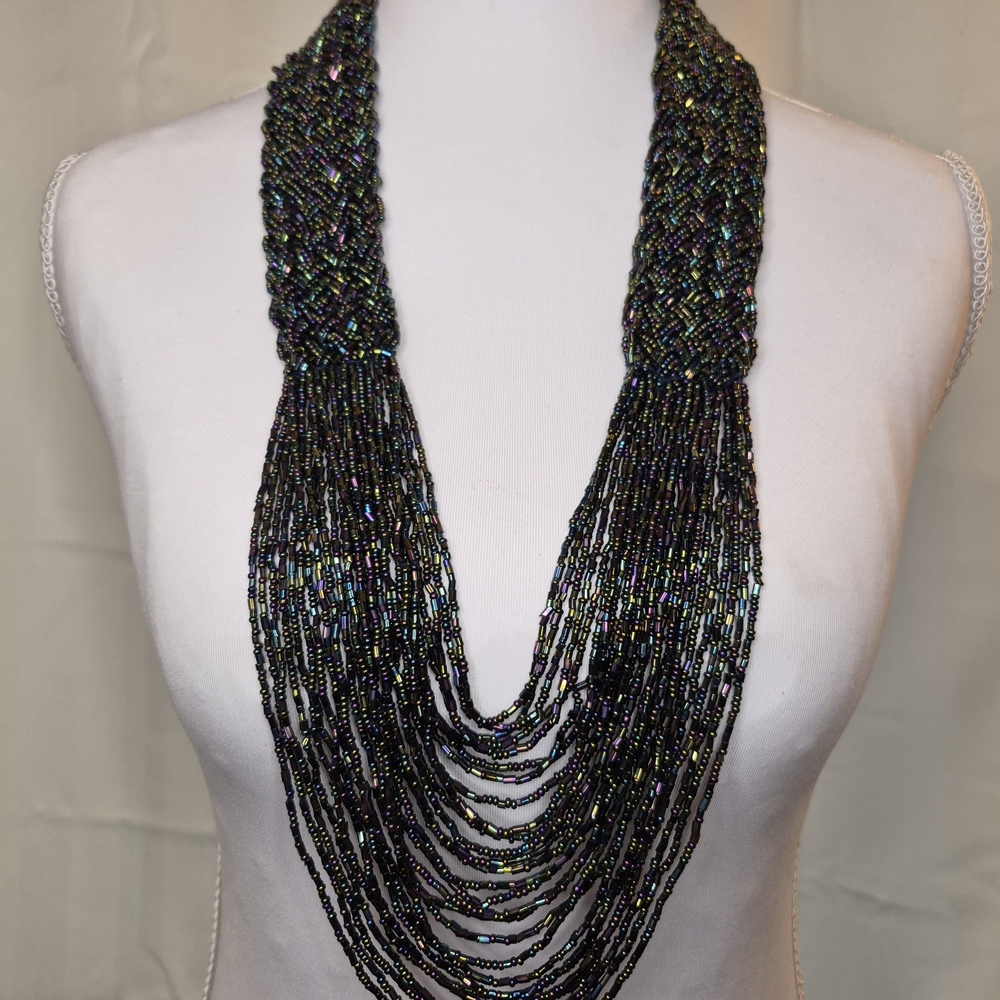 Himalayan Gems Iridescent Black Beaded Woven Necklace